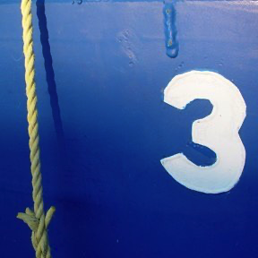 Three, blue with line